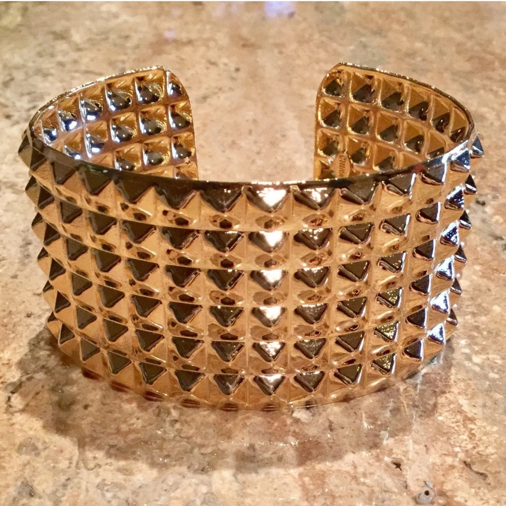 Gold-tone Wide Pyramid Spike Texture Cuff Bracelet